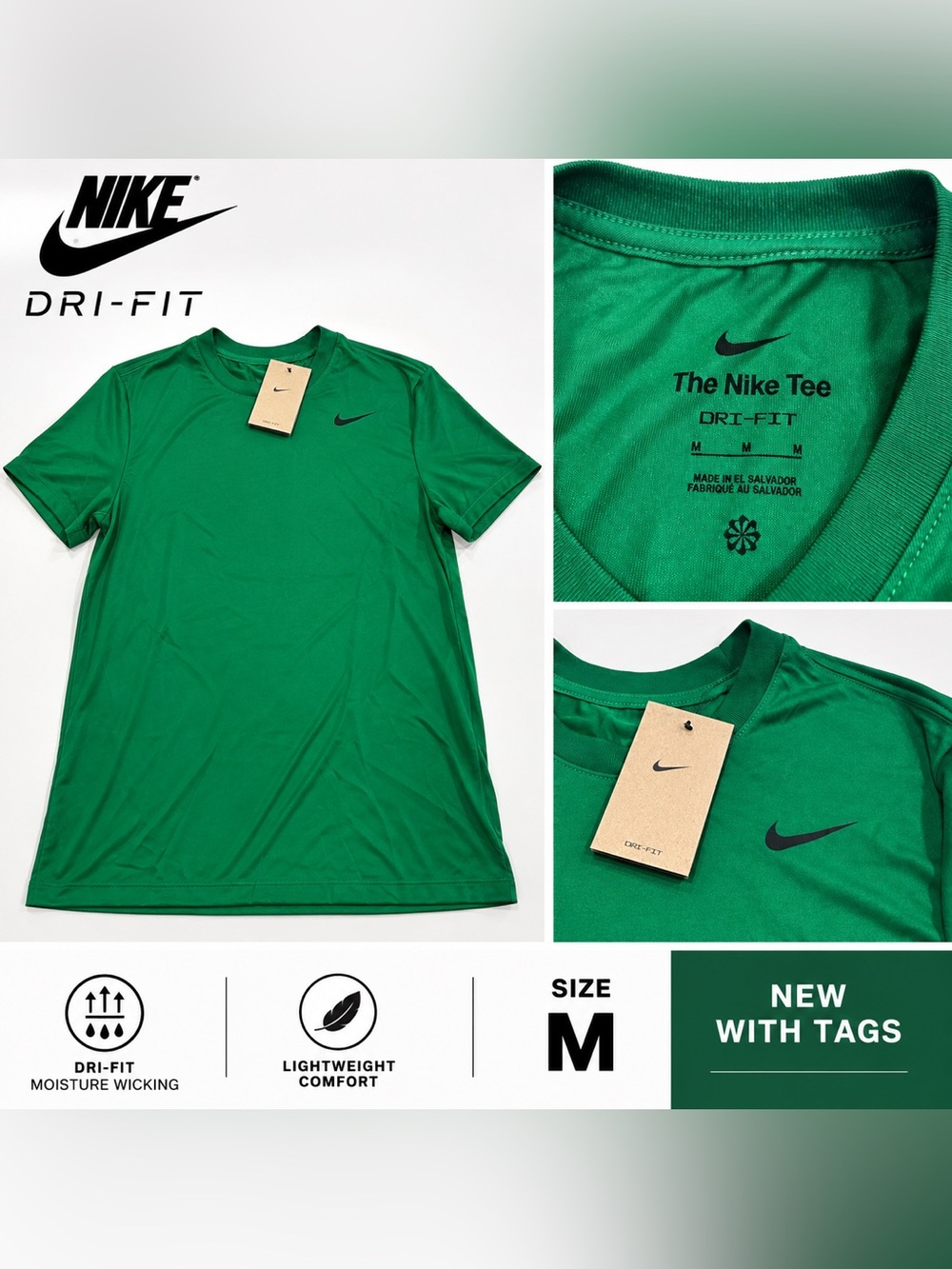 Nike Dri-FIT Short Sleeve Tee — Green with Black Swoosh Medium
